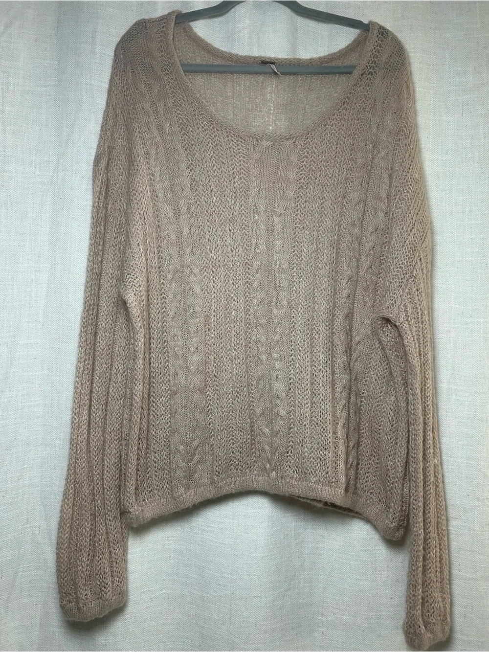 Free People Taupe Cable Knit Scoop Neck Sweater